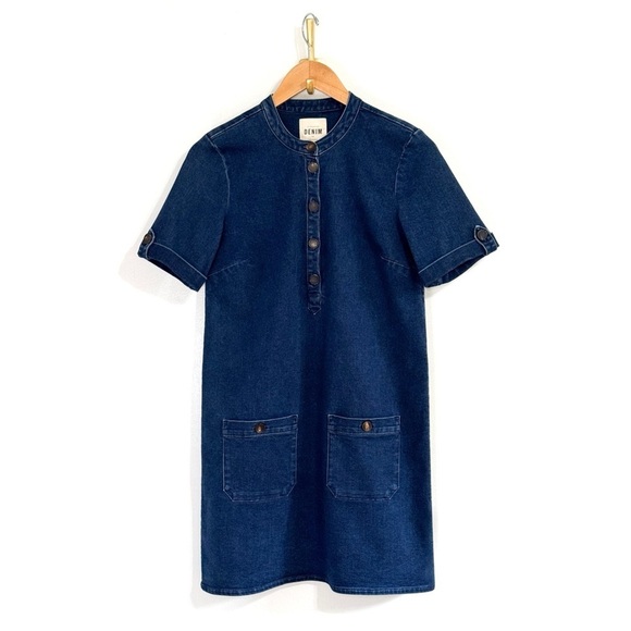 Sezane Denim Mini Short-Sleeve Alma Shift Dress - Picture 2 of 7
